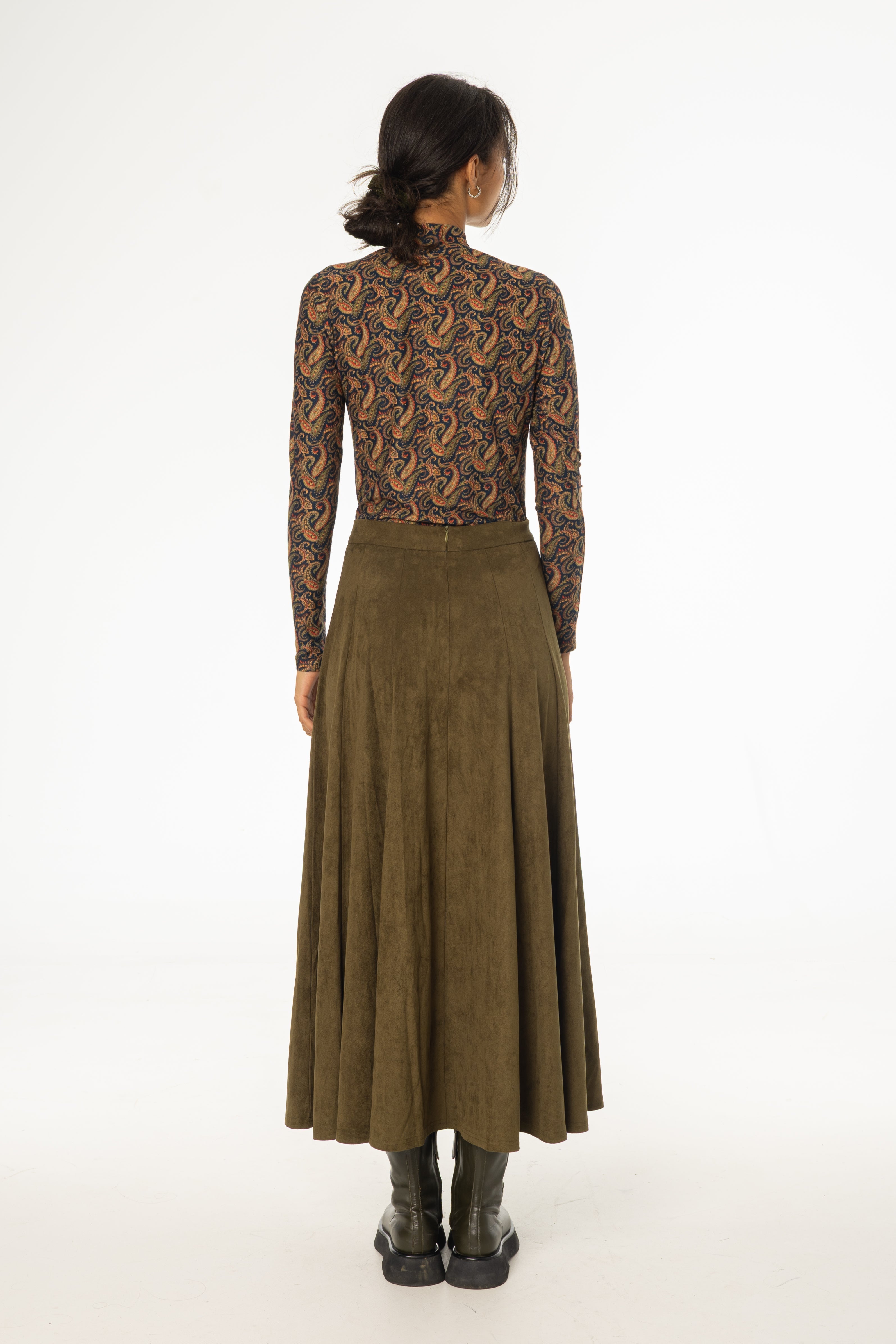 Green Paneled Microsuede Skirt