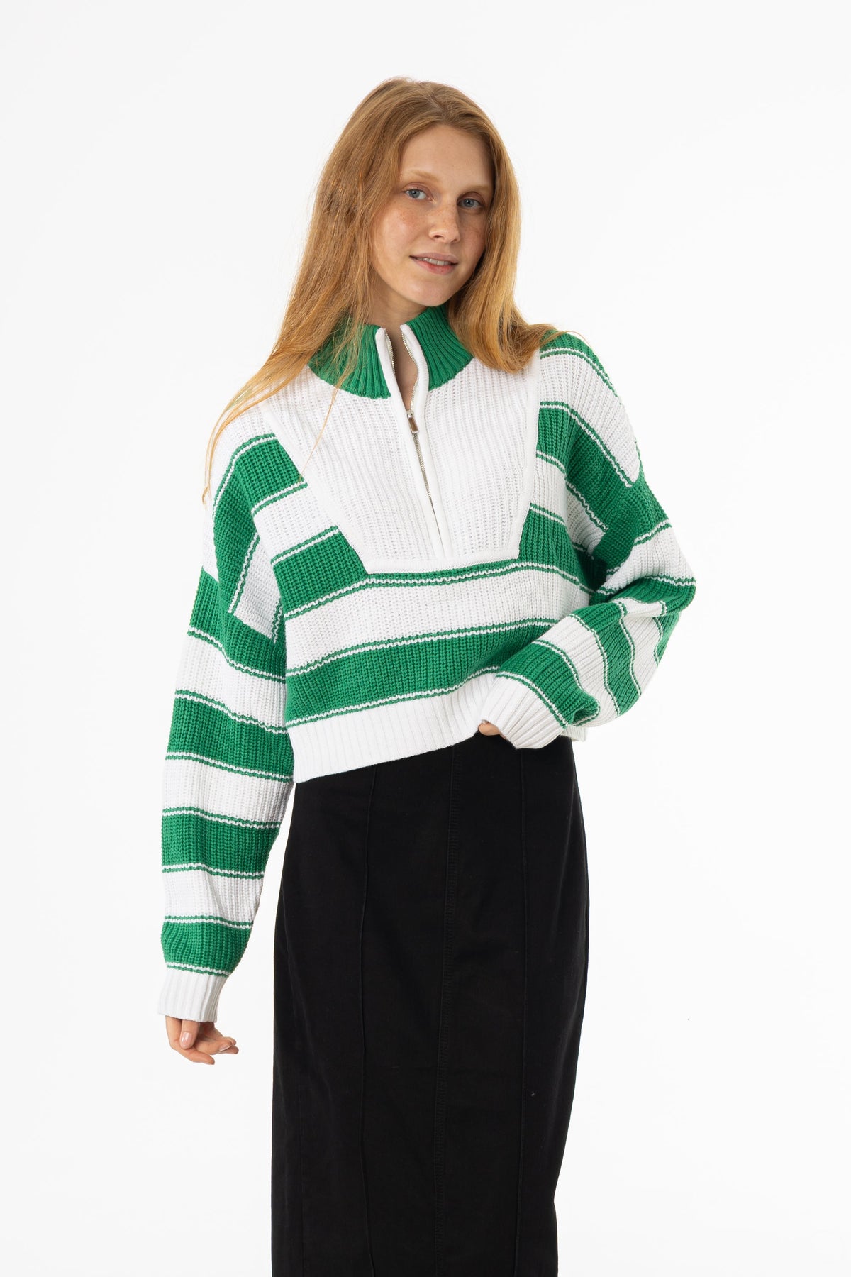 Green Striped Quarter Zip Sweater Top