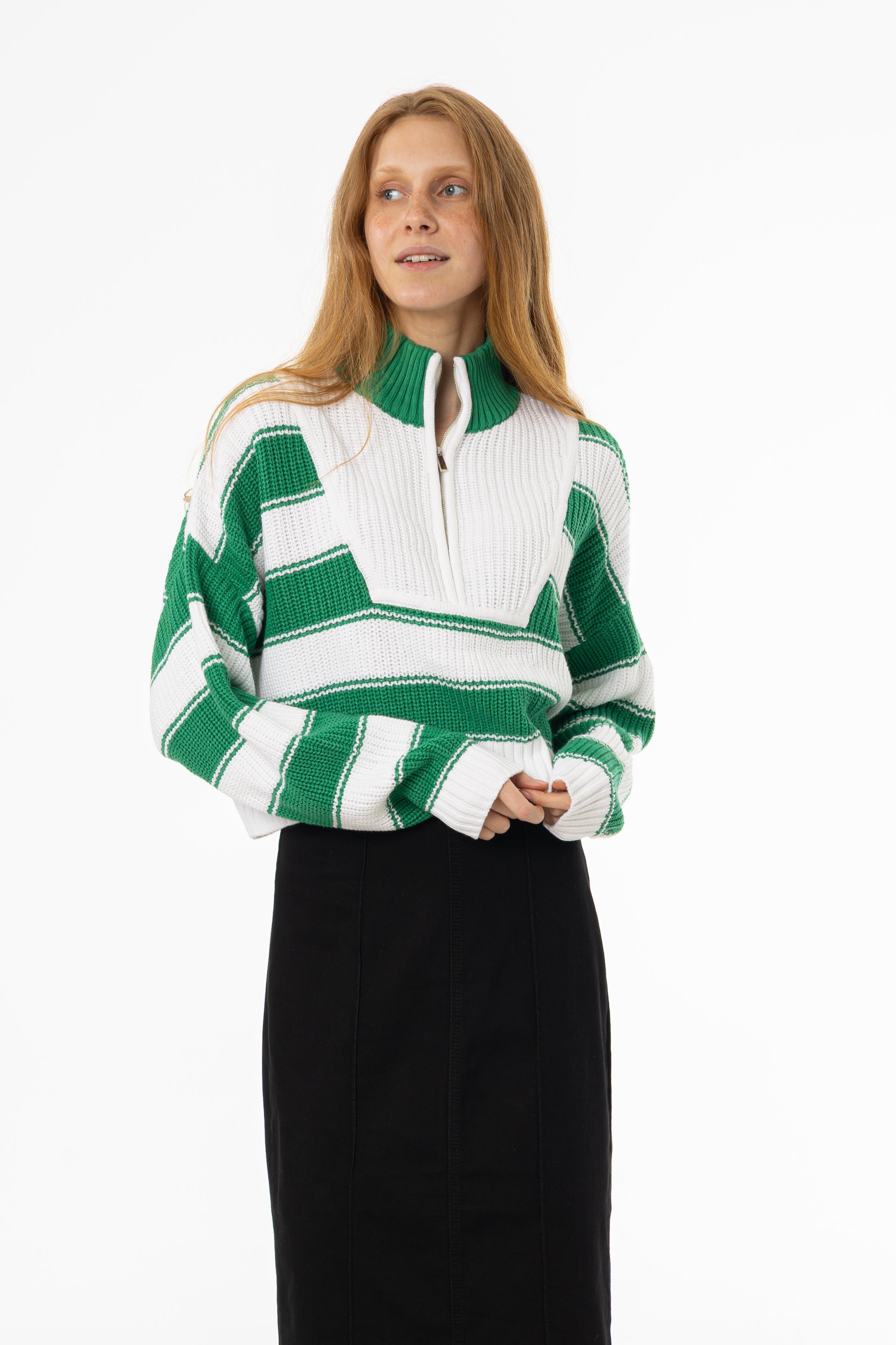 Green Striped Quarter Zip Sweater Top