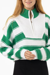 Green Striped Quarter Zip Sweater Top