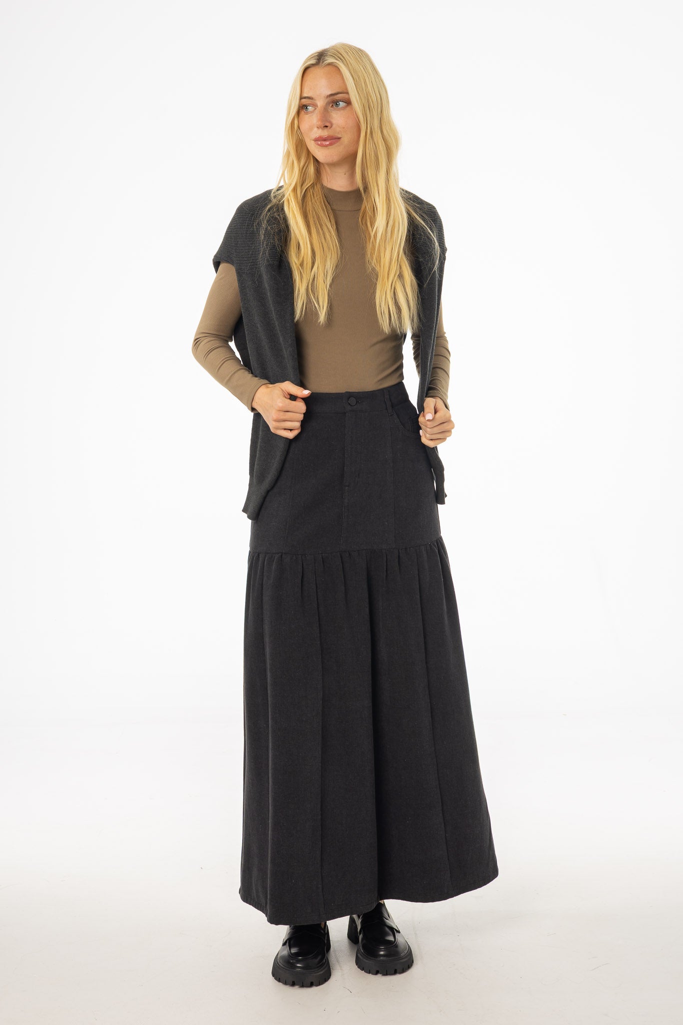 Grey Flared Denim Maxi Skirt