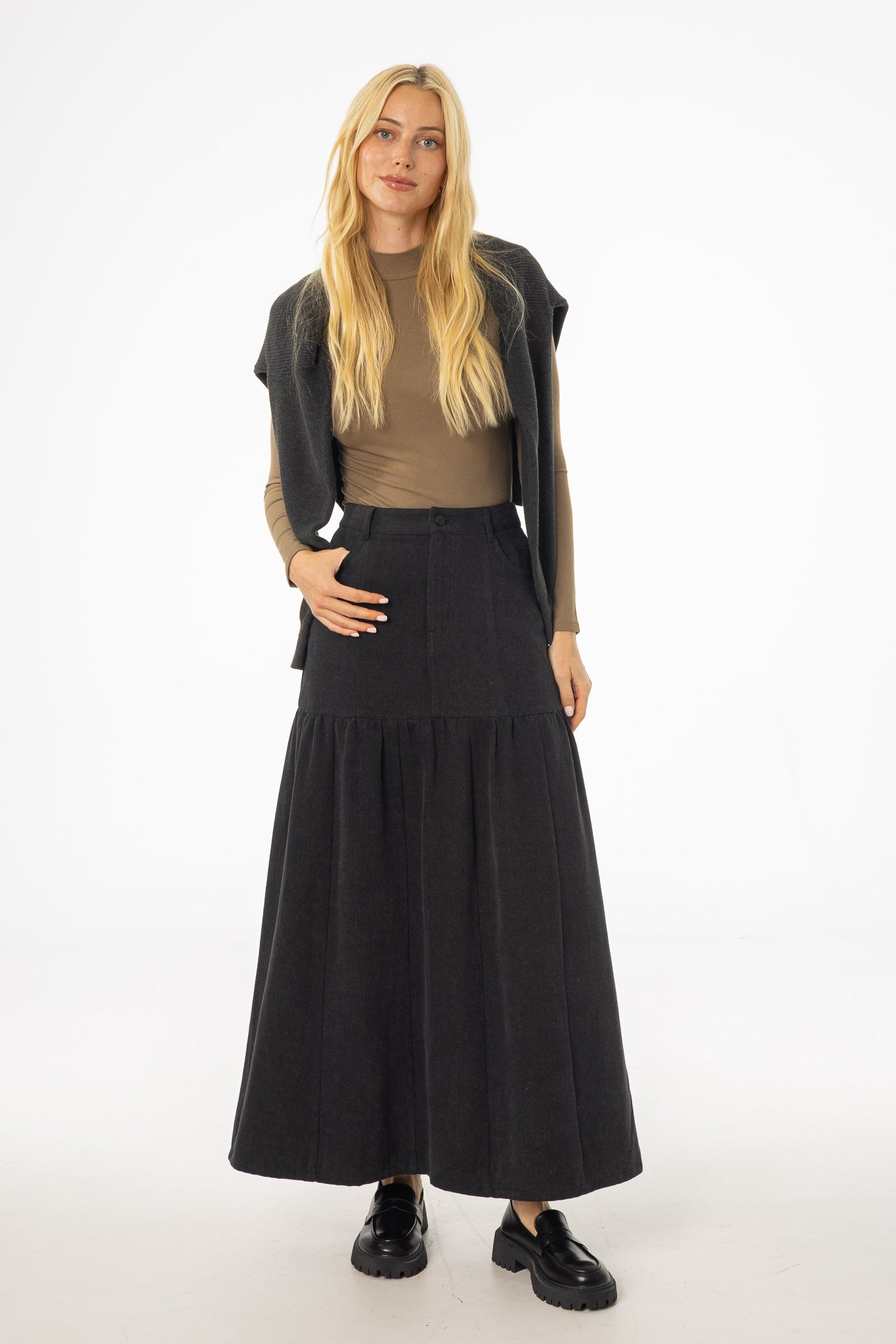 Grey Flared Denim Maxi Skirt