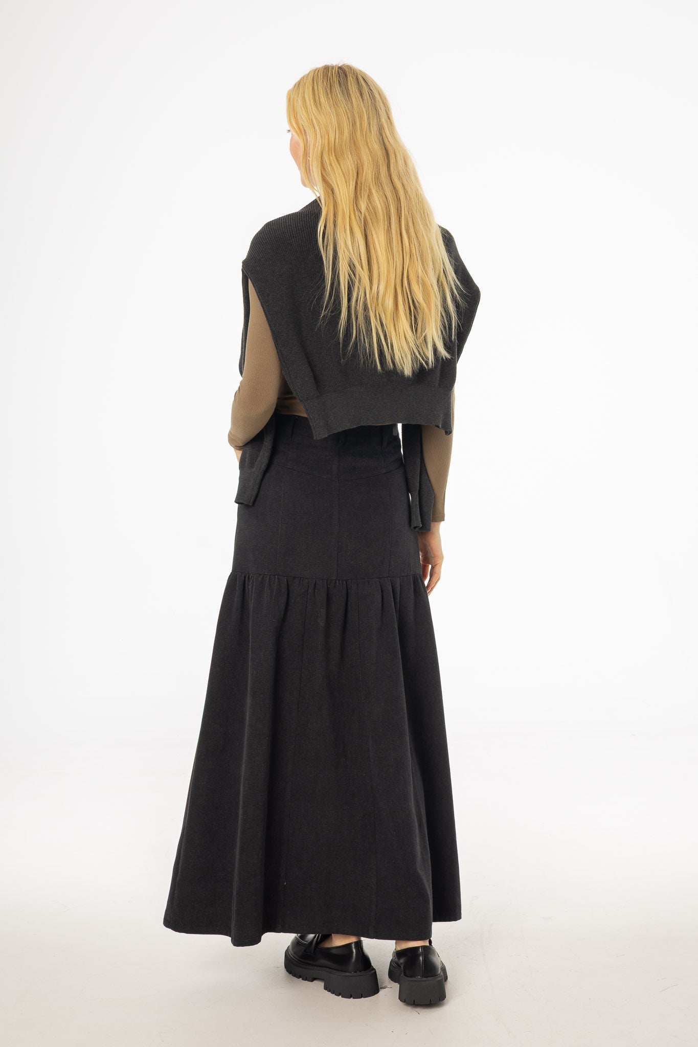 Grey Flared Denim Maxi Skirt