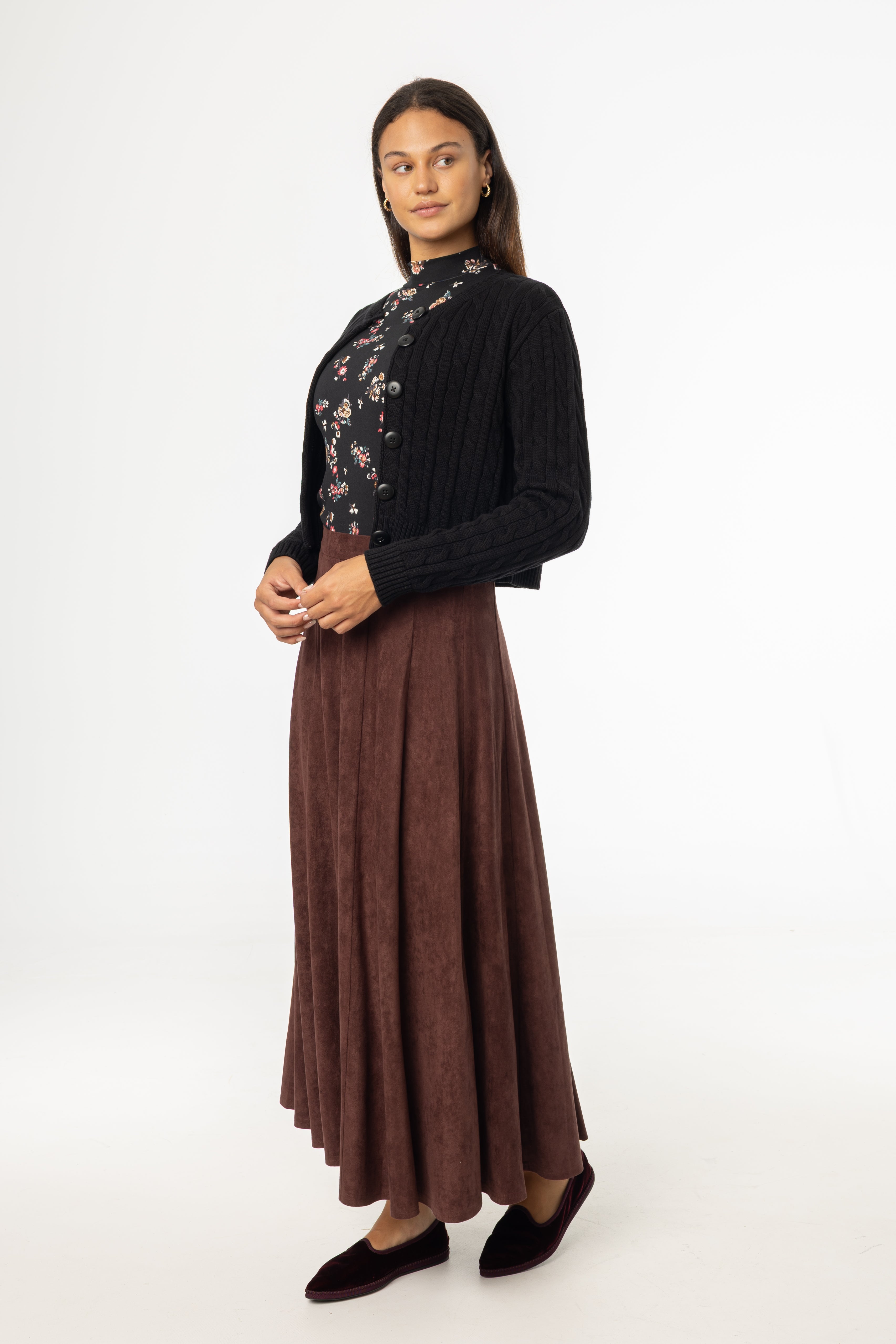 Maroon Paneled Microsuede Skirt