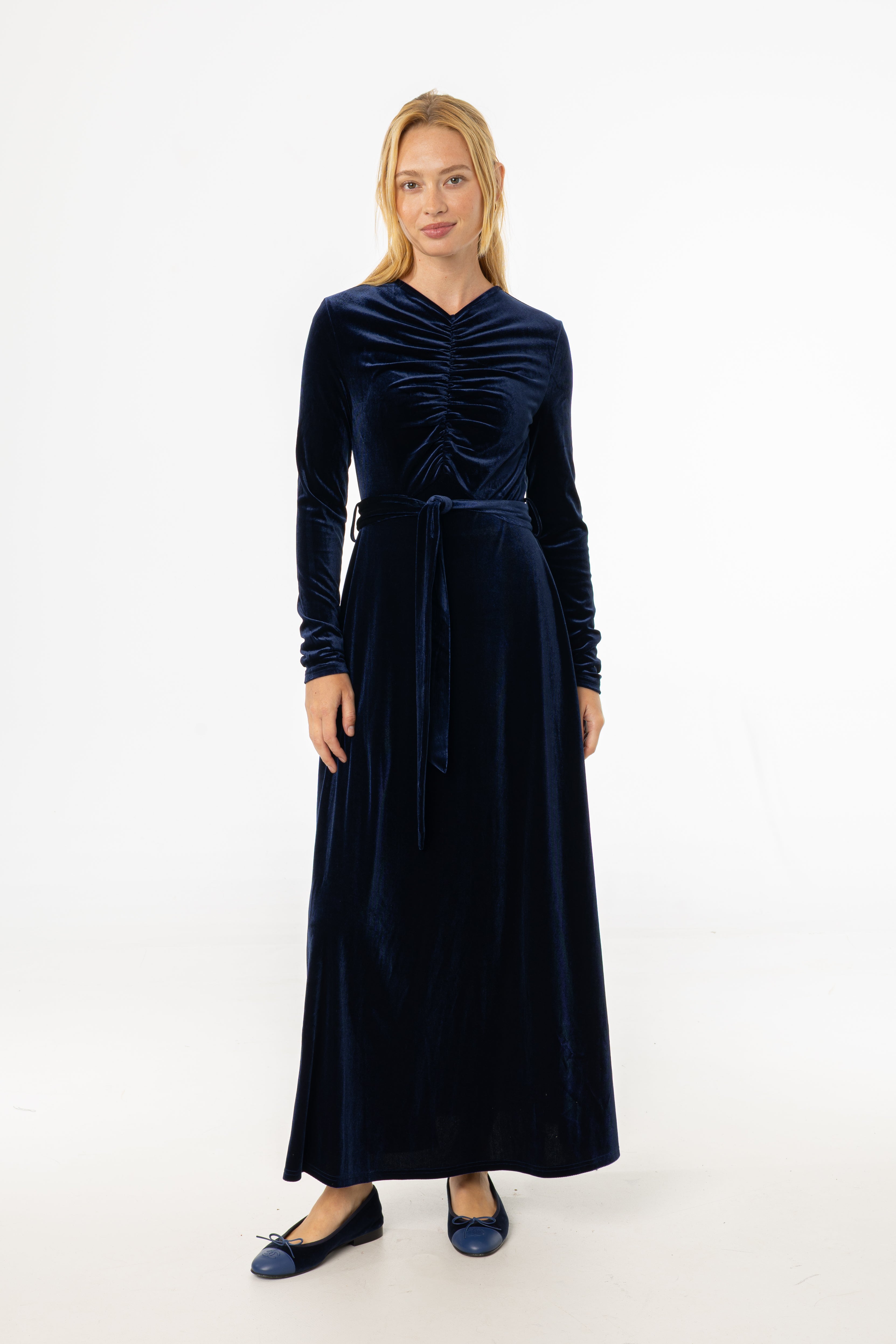 Navy Ruched Velour Maxi Dress
