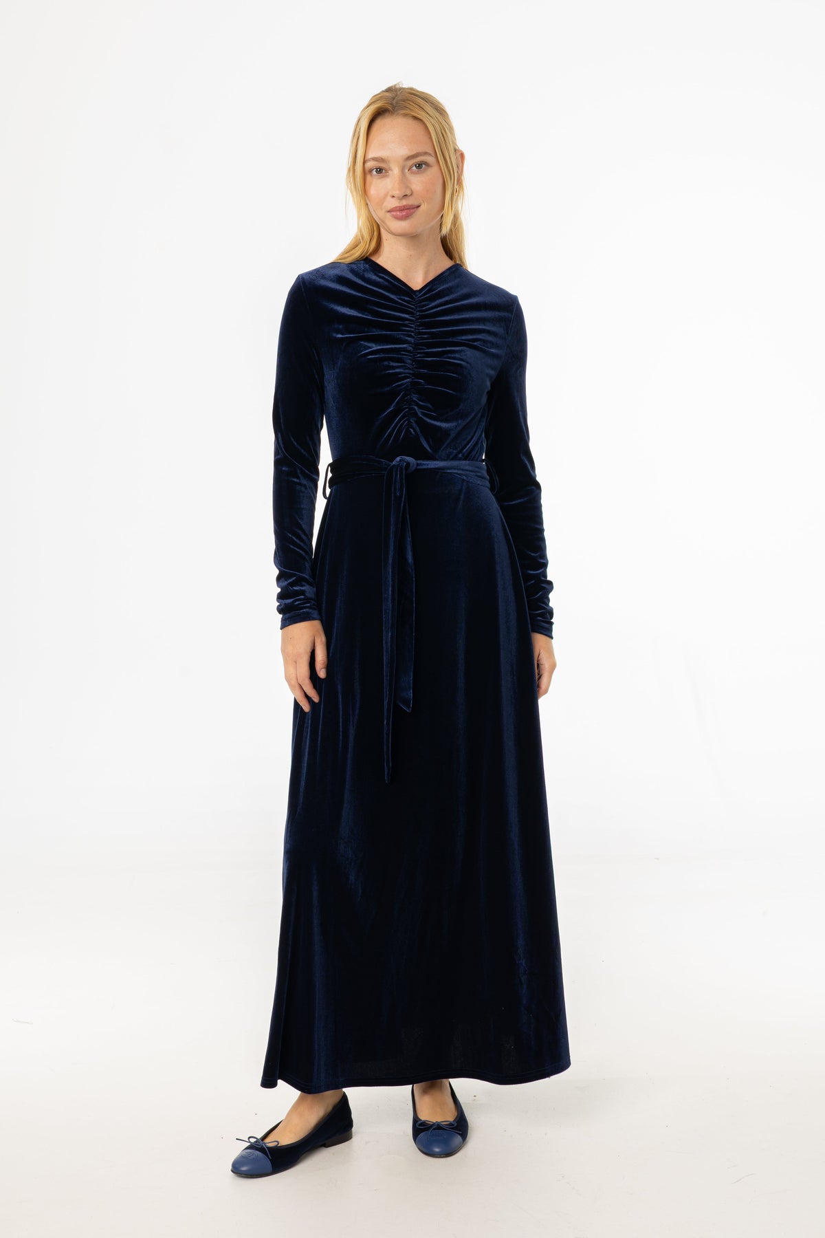 Navy Ruched Velour Maxi Dress