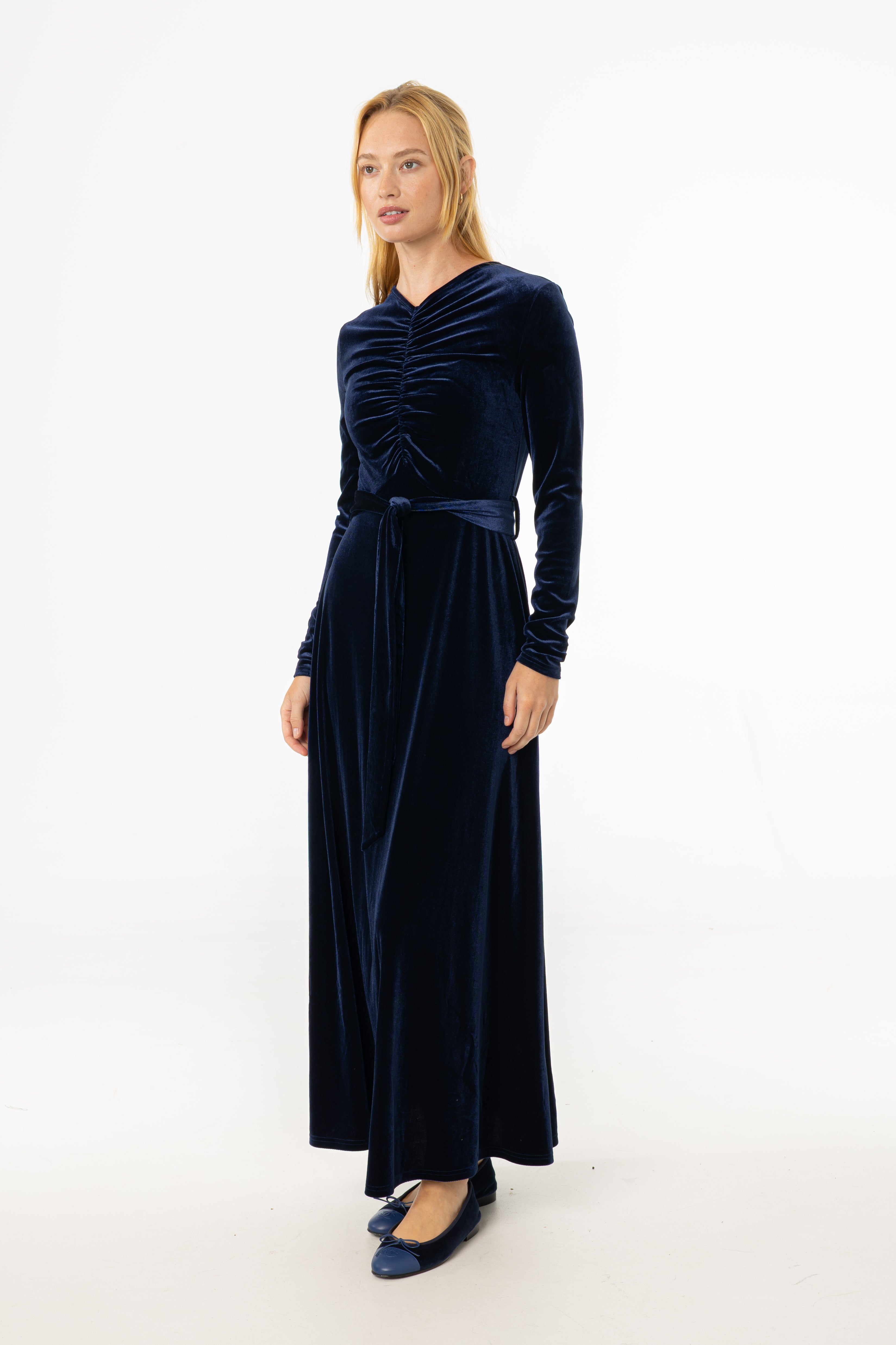 Navy Ruched Velour Maxi Dress