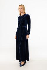 Navy Ruched Velour Maxi Dress