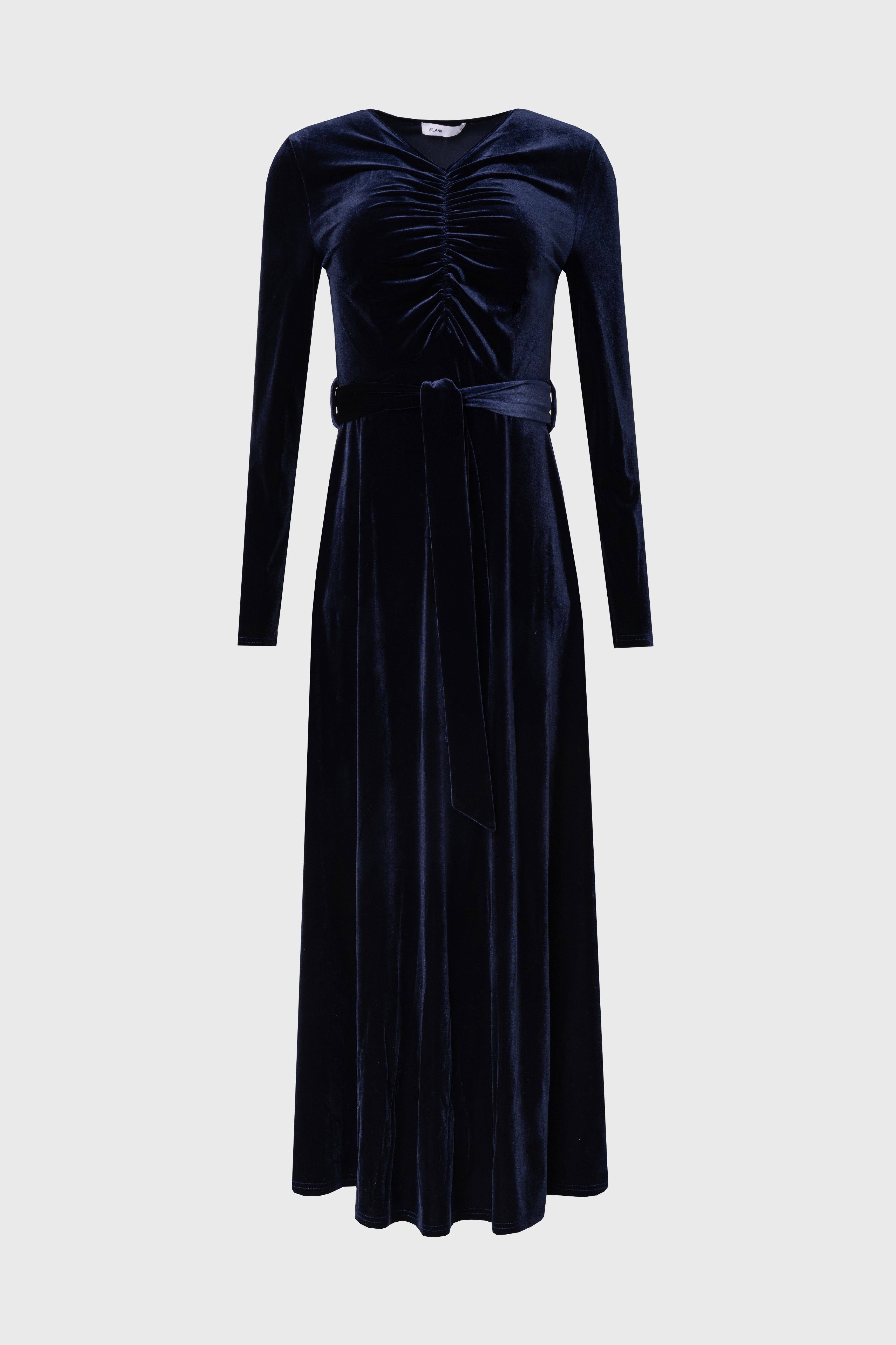 Navy Ruched Velour Maxi Dress