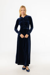 Navy Ruched Velour Maxi Dress