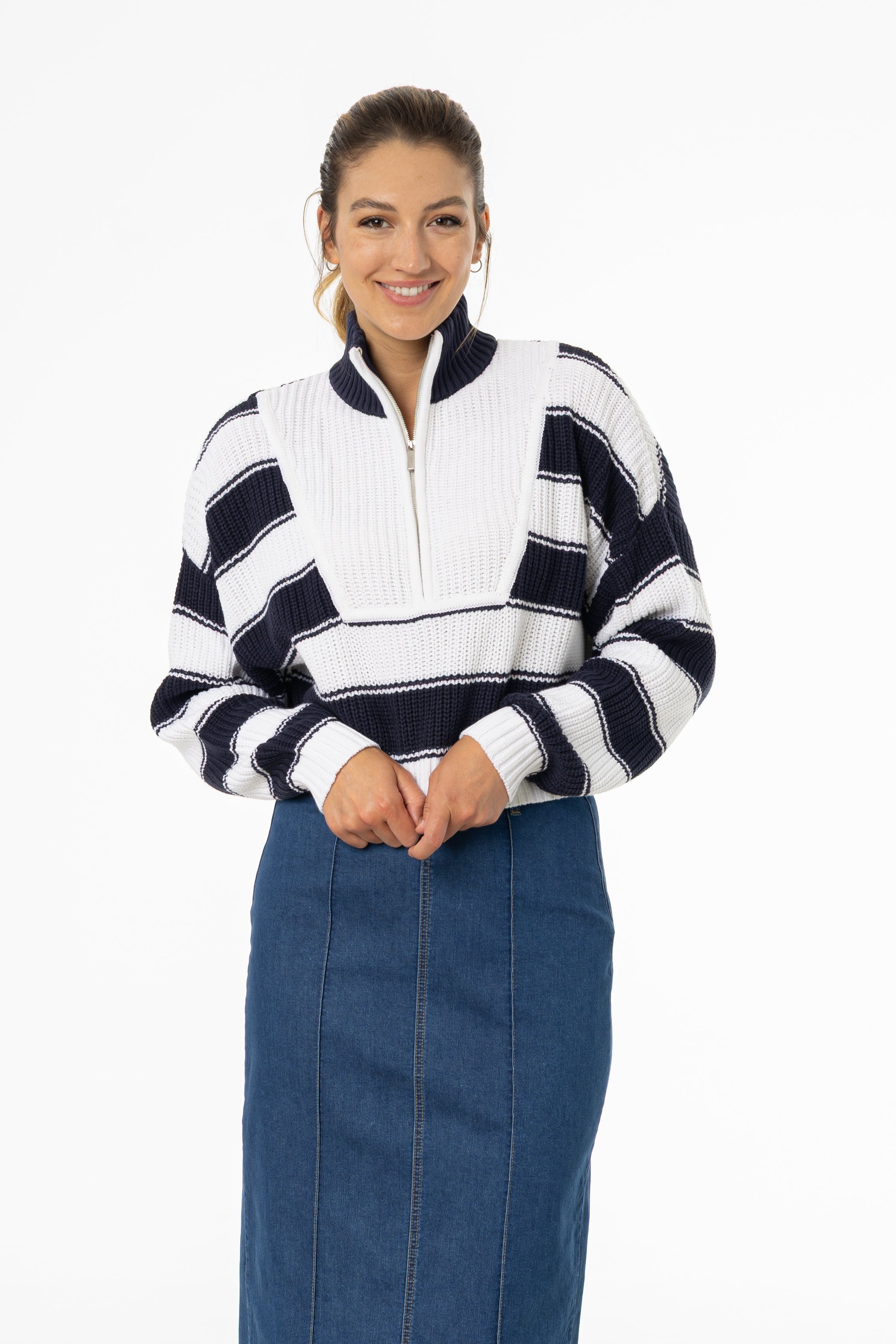 Navy Striped Quarter Zip Sweater Top