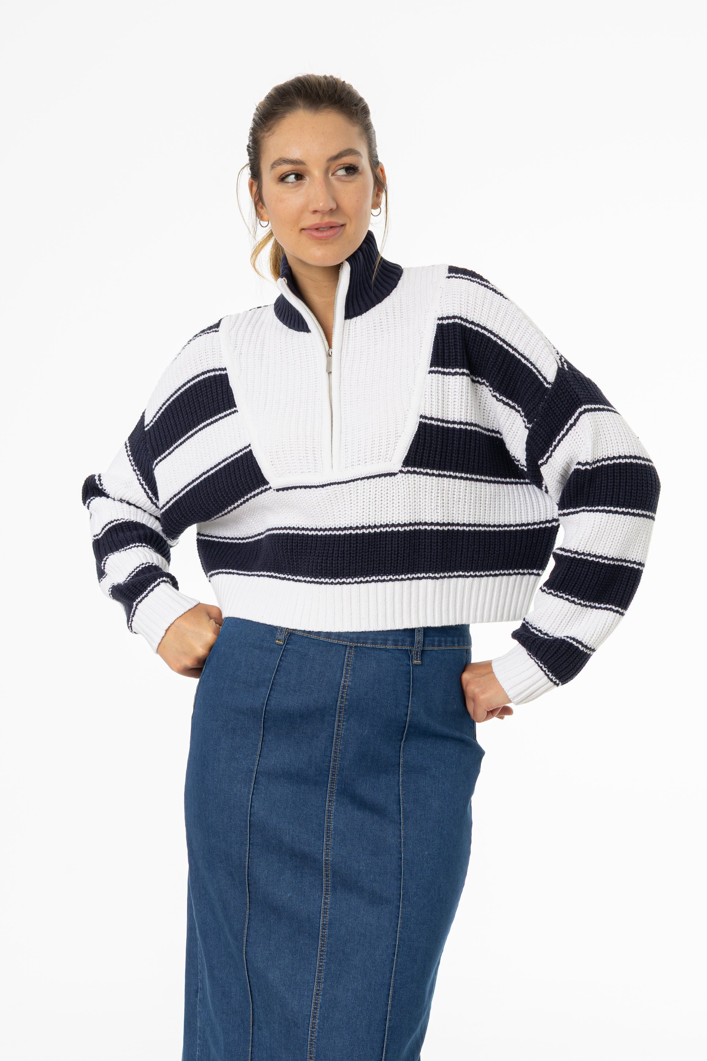 Navy Striped Quarter Zip Sweater Top
