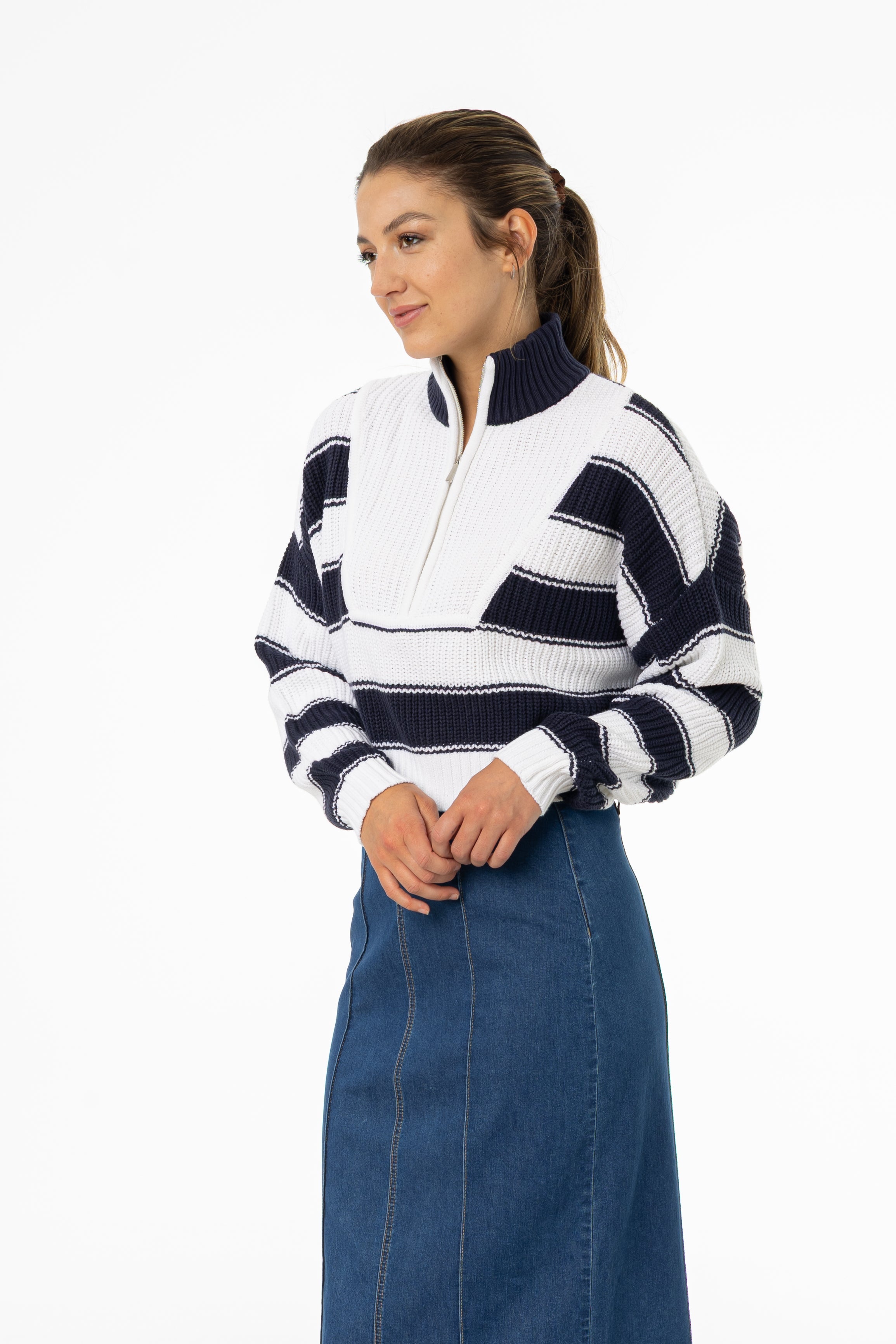 Navy Striped Quarter Zip Sweater Top