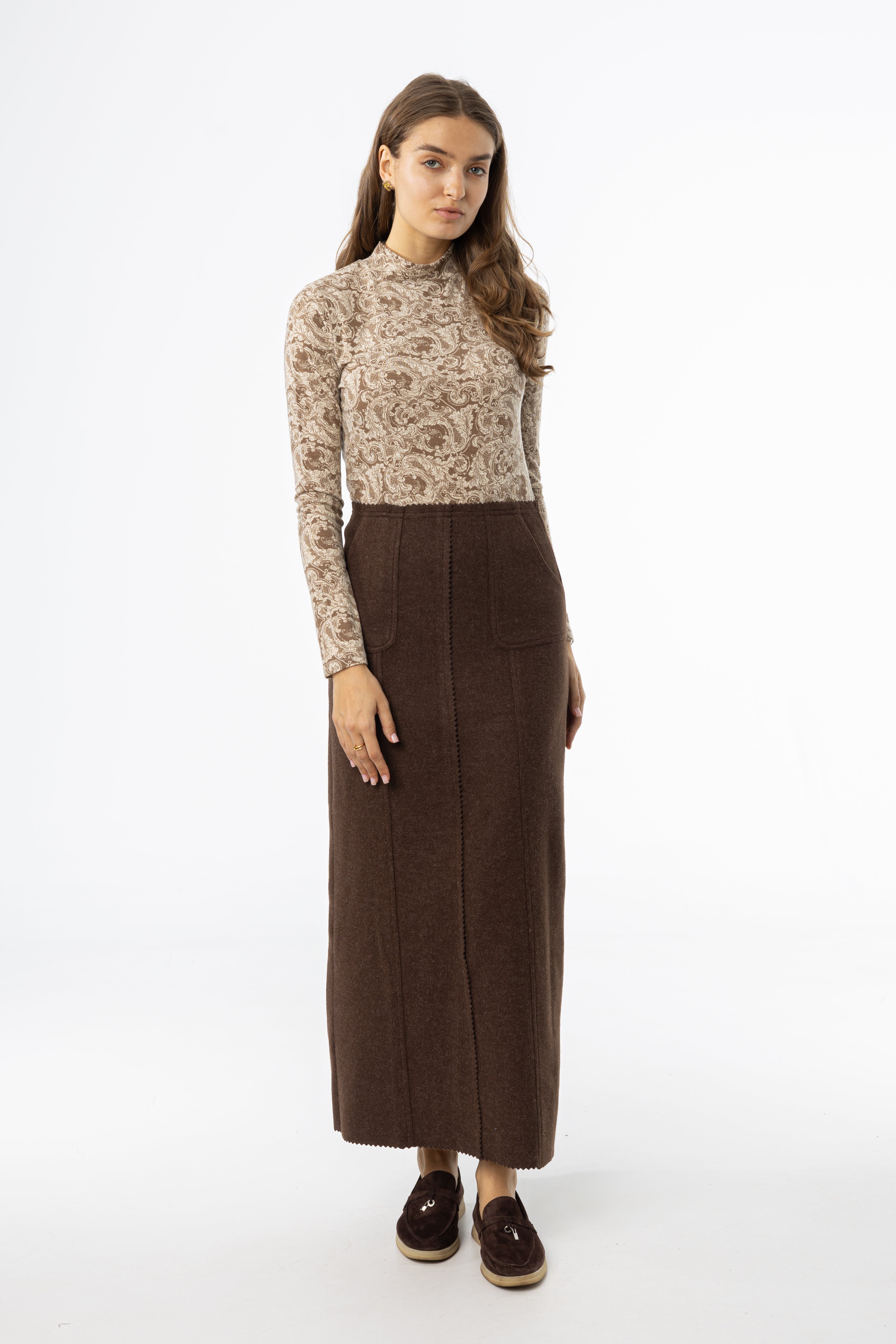 Brown Scalloped Edge Maxi Skirt