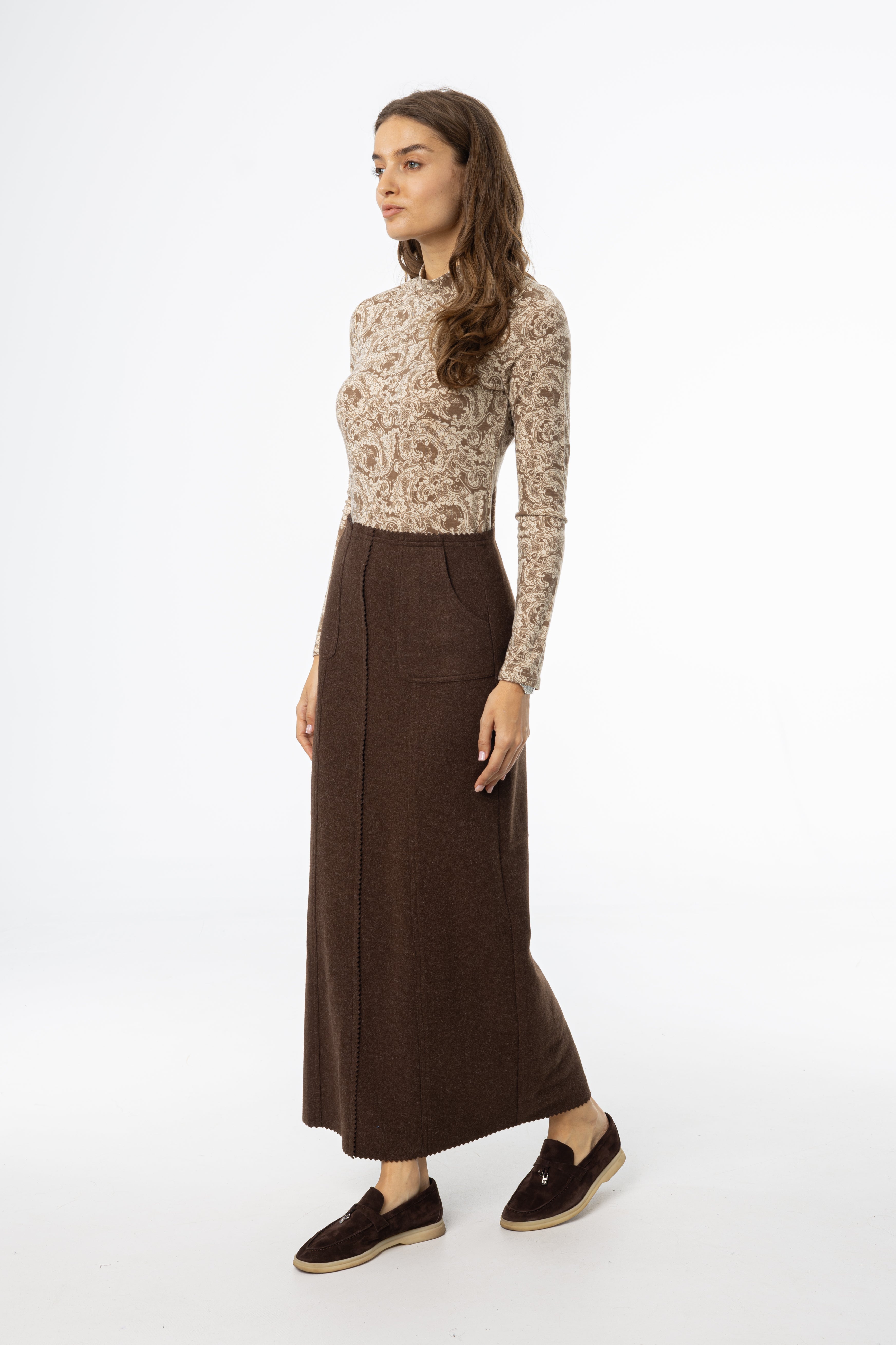 Brown Scalloped Edge Maxi Skirt