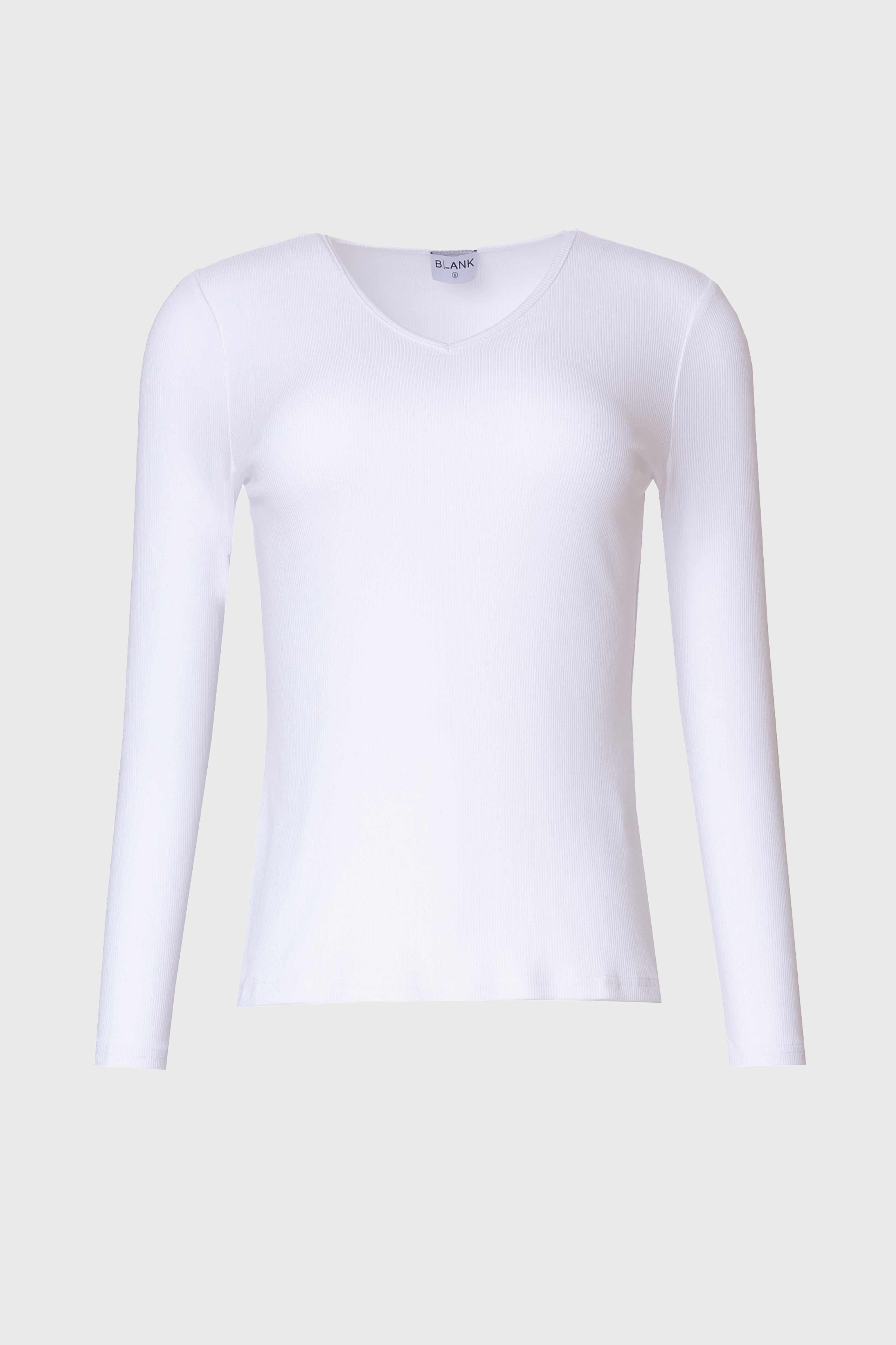 White Ribbed V-Neck Long Sleeve Tee
