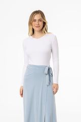 White Ribbed V-Neck Long Sleeve Tee