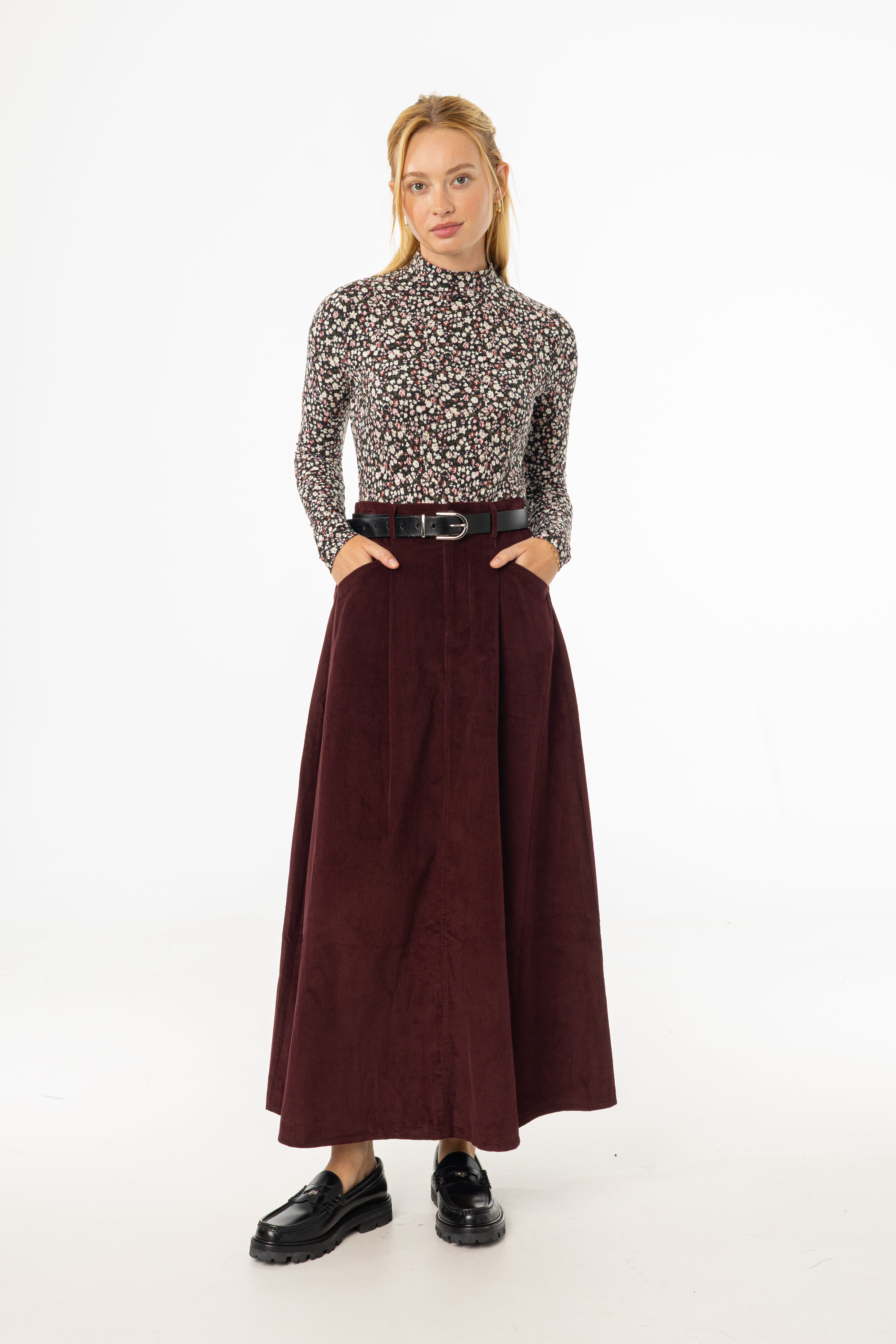 Burgundy Cargo Corduroy Maxi Skirt