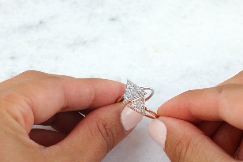 14kt Rose Gold / 14kt White Gold and Diamond ring | Diamond triangle ring | Pave triangle ring | Rose Gold and diamond ring | Modern dainty