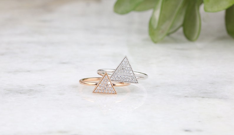 14kt Rose Gold / 14kt White Gold and Diamond ring | Diamond triangle ring | Pave triangle ring | Rose Gold and diamond ring | Modern dainty