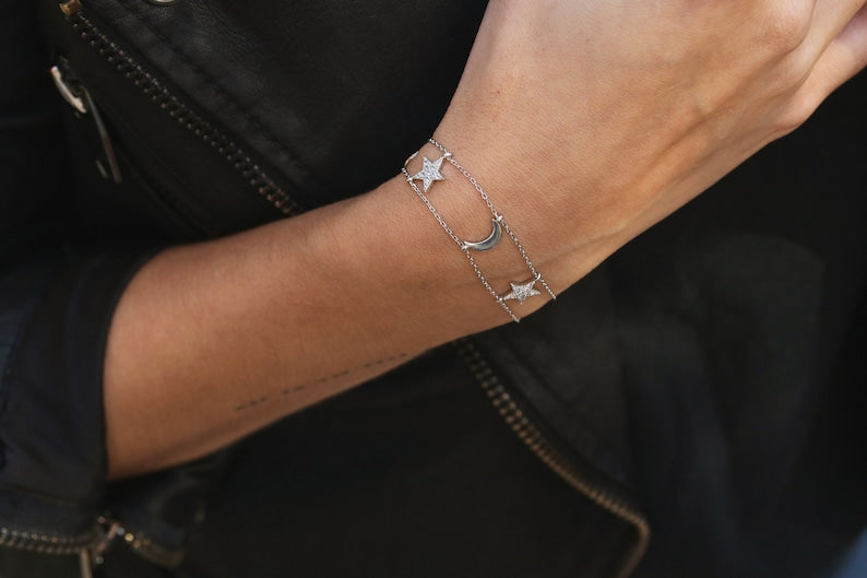 Sterling Silver Moon & Star bracelet | Unique and dainty bracelet | Open wide bracelet | Every day bracelet | Rose gold bracelet