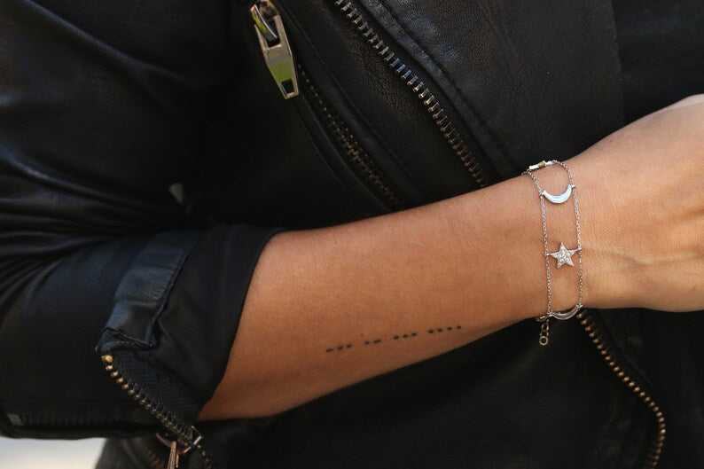 Sterling Silver Moon & Star bracelet | Unique and dainty bracelet | Open wide bracelet | Every day bracelet | Rose gold bracelet