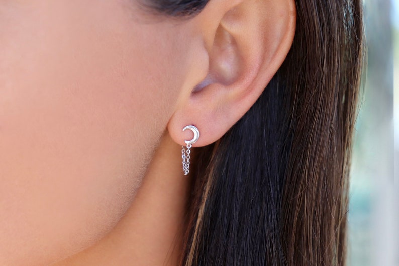 Sterling Silver / Yellow Gold plated Moon chain earrings | Moon stud earrings | Plain moon earrings | short chain earrings |