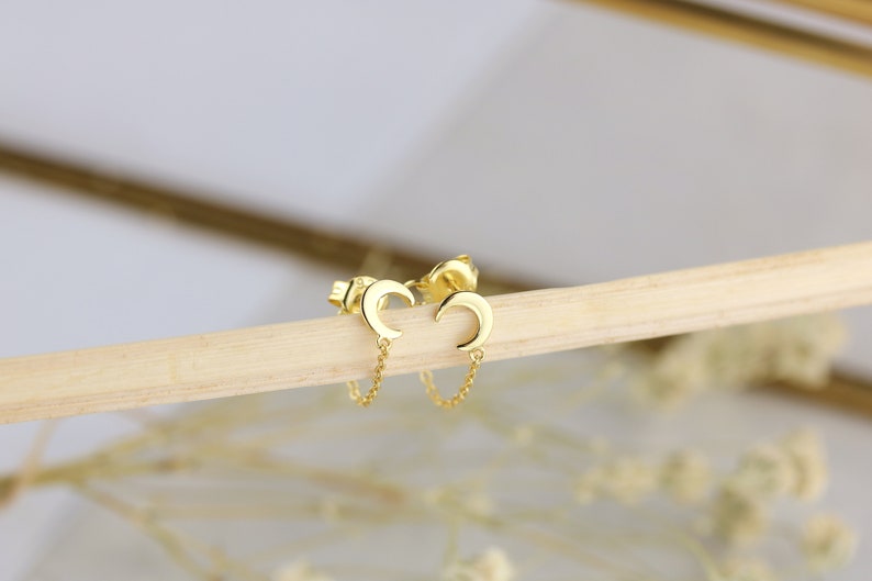 Sterling Silver / Yellow Gold plated Moon chain earrings | Moon stud earrings | Plain moon earrings | short chain earrings |
