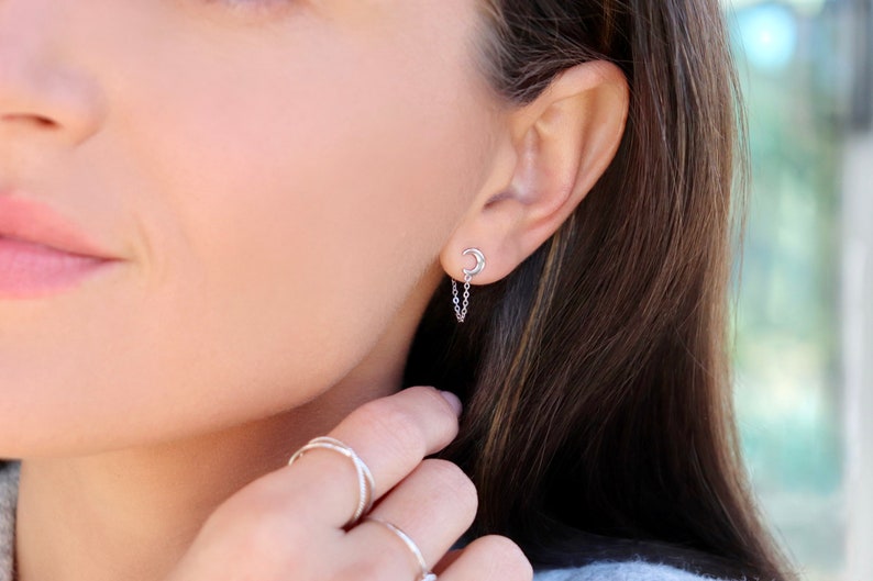 Sterling Silver / Yellow Gold plated Moon chain earrings | Moon stud earrings | Plain moon earrings | short chain earrings |