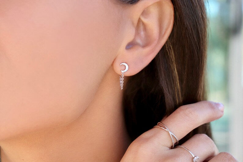Sterling Silver / Yellow Gold plated Moon chain earrings | Moon stud earrings | Plain moon earrings | short chain earrings |