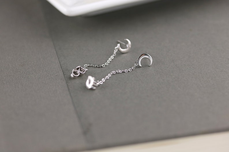 Sterling Silver / Yellow Gold plated Moon chain earrings | Moon stud earrings | Plain moon earrings | short chain earrings |
