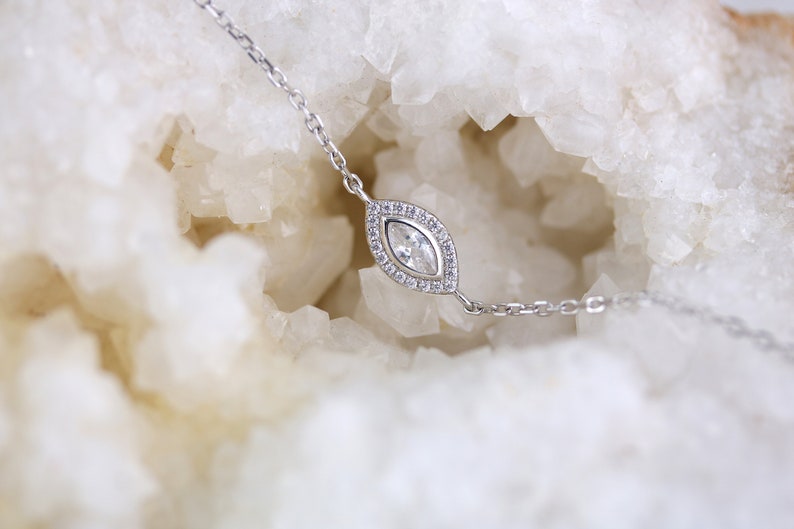 Sterling Silver / 14kt Gold plated marquise cubic zirconia eye bracelet | subtle evil eye | marquise gemstone bracelet | stackable bracelet