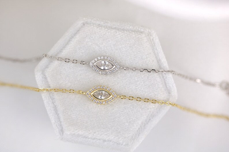 Sterling Silver / 14kt Gold plated marquise cubic zirconia eye bracelet | subtle evil eye | marquise gemstone bracelet | stackable bracelet