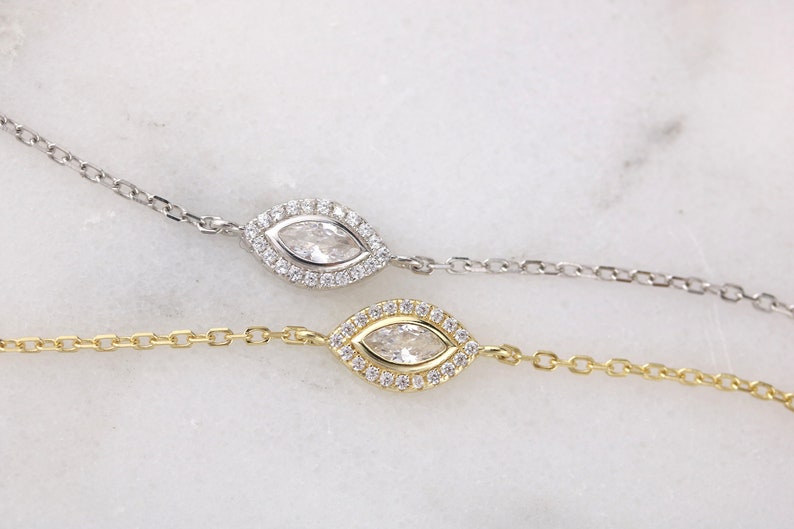 Sterling Silver / 14kt Gold plated marquise cubic zirconia eye bracelet | subtle evil eye | marquise gemstone bracelet | stackable bracelet