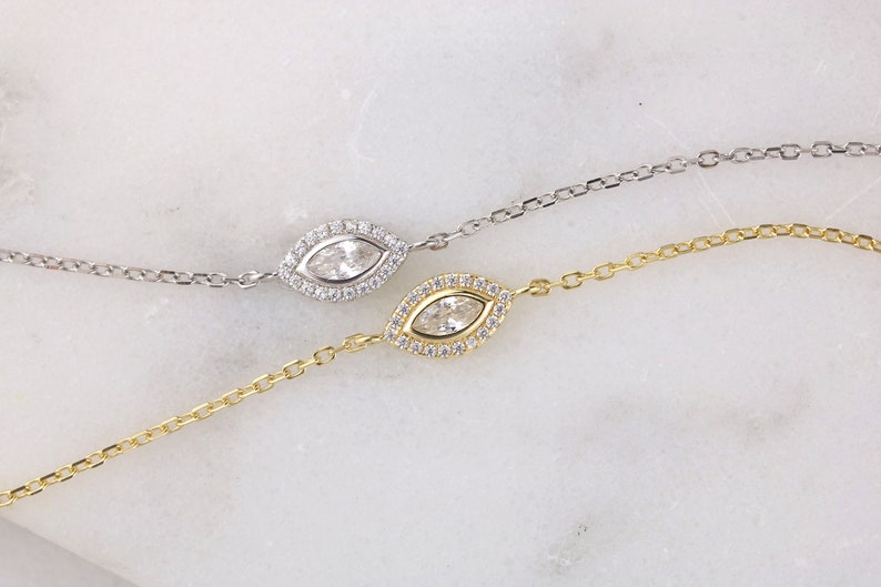 Sterling Silver / 14kt Gold plated marquise cubic zirconia eye bracelet | subtle evil eye | marquise gemstone bracelet | stackable bracelet