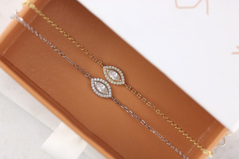 Sterling Silver / 14kt Gold plated marquise cubic zirconia eye bracelet | subtle evil eye | marquise gemstone bracelet | stackable bracelet