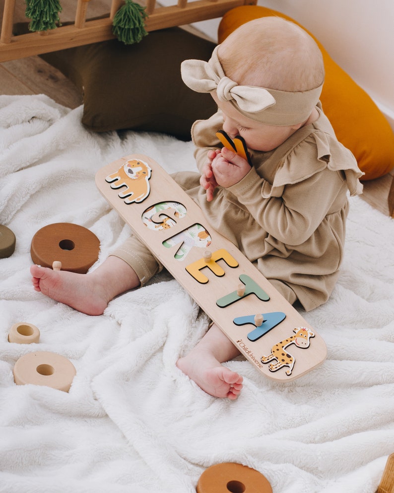 Personalized Name Puzzle for Baby, Safari Theme Nursery, Wood Toys for Toddlers, 1st Birthday Gift, Newborn Gifts for Baby Boy or Baby Girl
