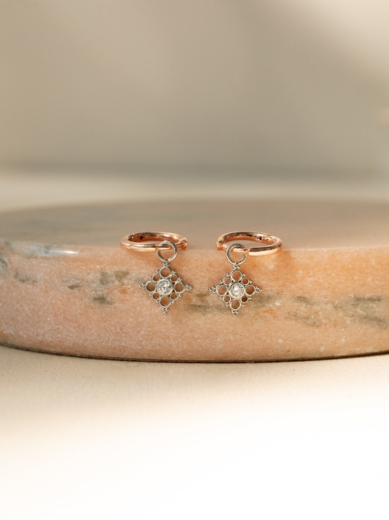 Silver / Rose Gold / Yellow Gold removable charm huggie earring | filigree huggies | vintage inspired jewelry huggies | two toned huggies |