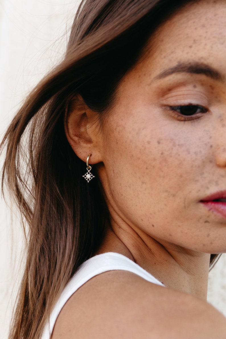 Silver / Rose Gold / Yellow Gold removable charm huggie earring | filigree huggies | vintage inspired jewelry huggies | two toned huggies |