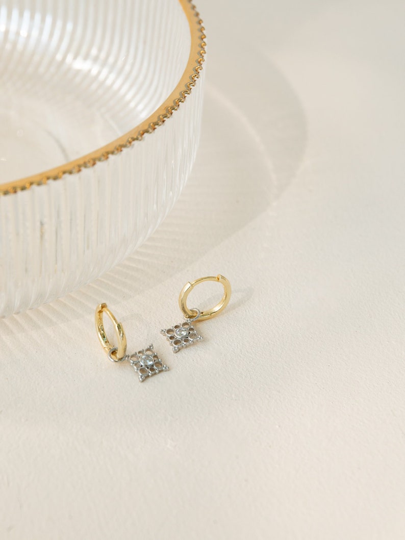 Silver / Rose Gold / Yellow Gold removable charm huggie earring | filigree huggies | vintage inspired jewelry huggies | two toned huggies |