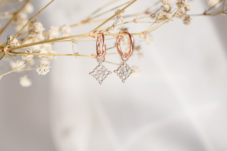 Silver / Rose Gold / Yellow Gold removable charm huggie earring | filigree huggies | vintage inspired jewelry huggies | two toned huggies |