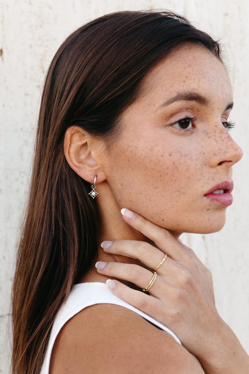 Silver / Rose Gold / Yellow Gold removable charm huggie earring | filigree huggies | vintage inspired jewelry huggies | two toned huggies |