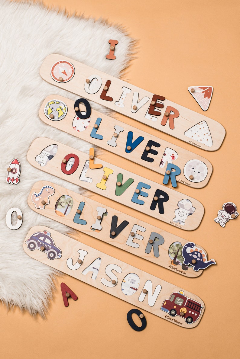 Wooden Name Puzzle First Birthday Gift for Baby Boy Cars Theme Toys Police and Fire Cars Montessori Puzzle for Toddler Birthday Gift