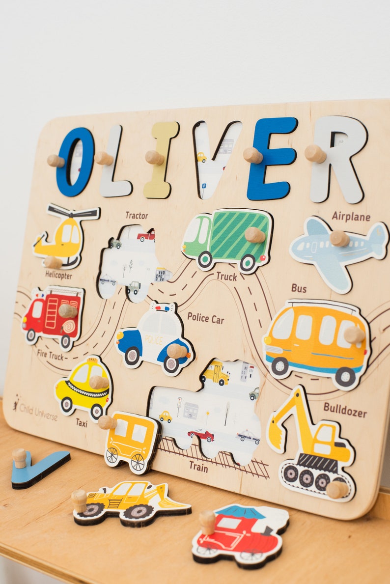 Montessori Puzzle Board, Cars Name Puzzle, Personalized Toddler Gift, Sensory Activity, Wooden Toys Baby, 1st 2nd Birthday Gift Kids