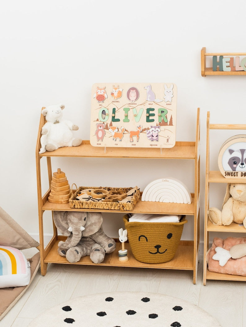 Baby Gift Personalized, Forest Animal Puzzle, Toddler Toys 1, 2, 3 Year Old, Name Puzzle Board, Birthday Gift for Kids, Woodland Nursery