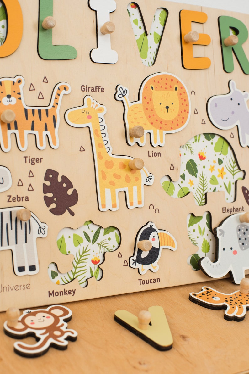 Safari Nursery Theme, Montessori Toys, Personalized Baby Gift, Jungle Animals Puzzle Board, Birthday Gift for Kids, Toddlers - ChildUniverse