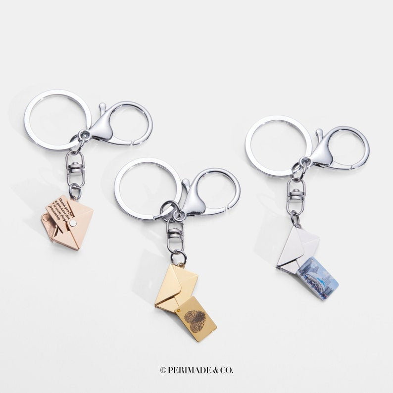 PERIMADE Custom Photo Locket Keychain • Gold Mail Envelope Picture Key Ring • Minimalist Pet Memorial Jewelry • Trendy Best Friend Gift