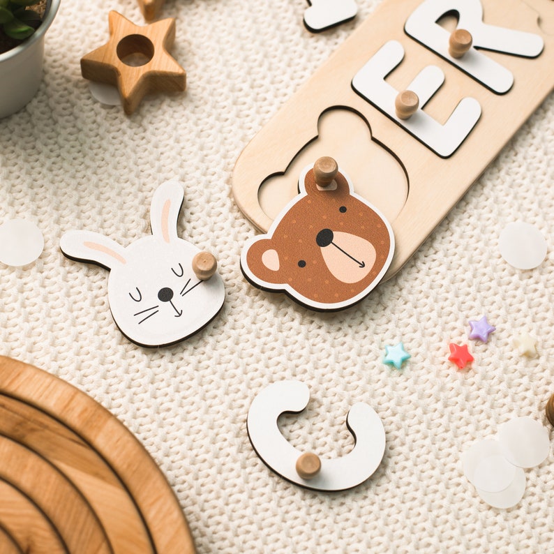Personalized Name Puzzle With Animals, Montessori Toys, Custom Gift for Kids, Baby, 1st Birthday, Woodland Name Puzzle, First Birthday Gift