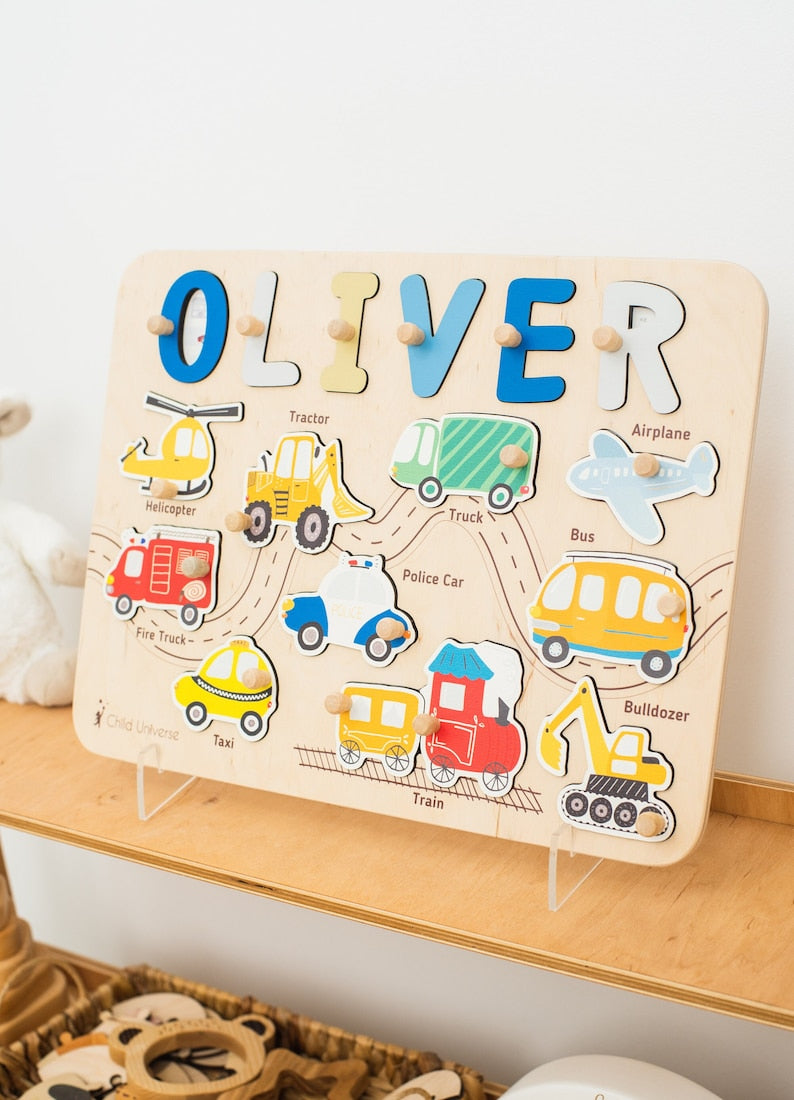 Busy Board 1 Year Old, Wooden Toys With Transport for Baby Boy, Montessori Puzzle Board, Cars Theme Nursery, 1st Birthday Gift for Kids