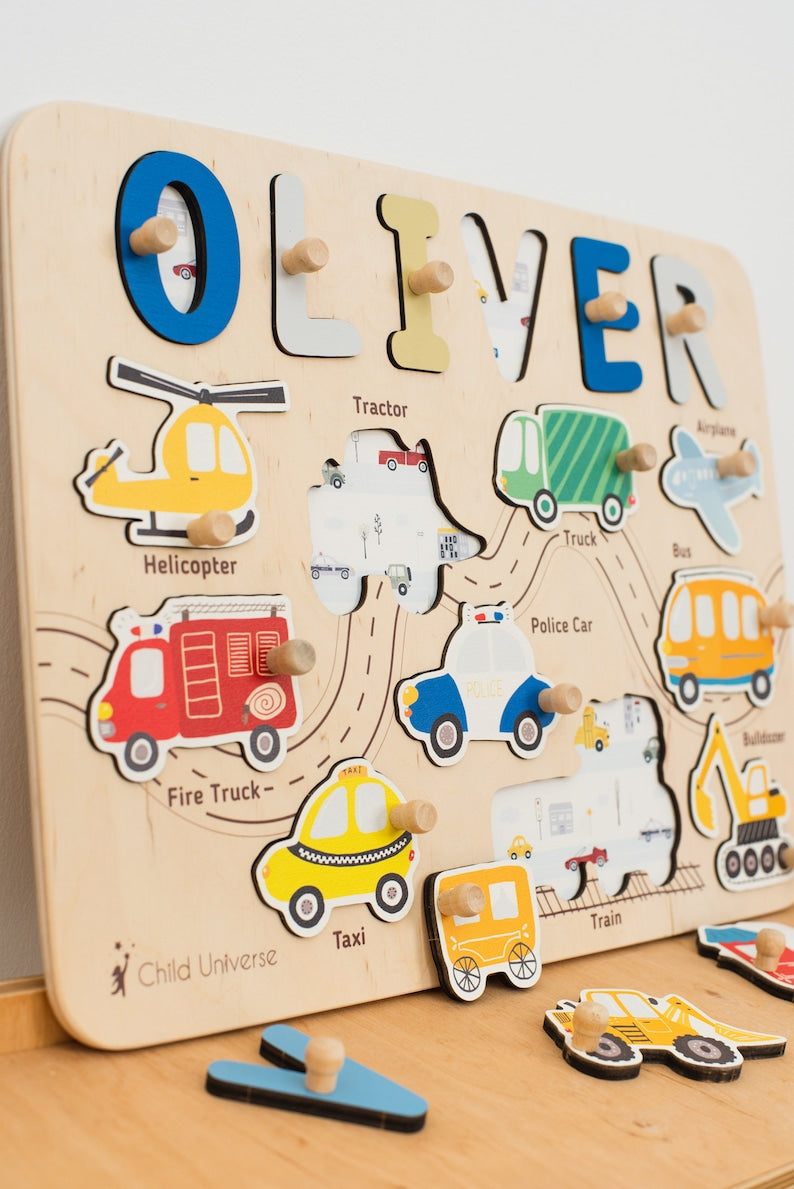 Busy Board 1 Year Old, Wooden Toys With Transport for Baby Boy, Montessori Puzzle Board, Cars Theme Nursery, 1st Birthday Gift for Kids